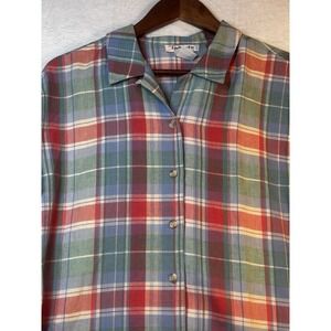 Talbots Blouse M Plaid Top Shirt Long Sleeve Women's Blue Linen Blend Button Up